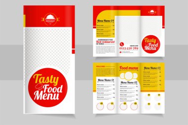 Kırmızı, sarı, çift katlı yemek menüsü restoran broşürü. Fast food menüsünün üç katlı şablonu