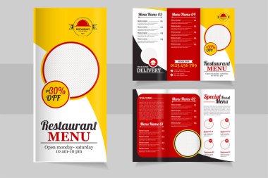 Kırmızı, sarı renkte sağlıklı restoran menüsü modern trif eski broşür şürü. Fast food menüsünü şablon yapar 