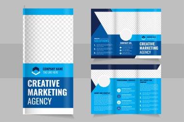 Profesyonel profil broşürü tasarım planı. Mavi renkli a4 boyutlu üç katlı şablon. Yaratıcı üçlü broşür konsepti