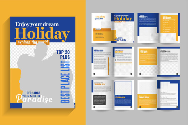 Шаблон шаблона журнала Travel Magazine. Журнал Outdoor Travel Magazine выпустил брошюру на 12 страницах желто-синего цвета.