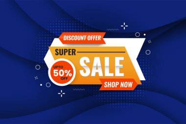 süper satış afişi, koyu mavi ve sarı arkaplanlı soyut şablon, web veya sosyal medya modern satış paylaşımının% 50 'sini al