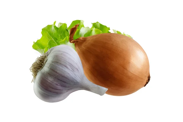 Knoflook en uien, sla geïsoleerd op witte achtergrond — Stockfoto