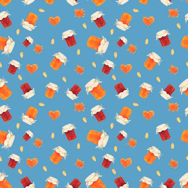 The jam with raspberries and apricots. Seamless pattern background