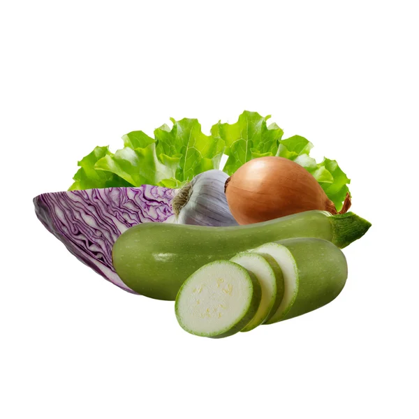 Sayuran: kubis, zucchini, bawang, bawang putih, salad — Stok Foto