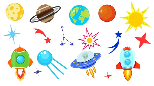 Foguete Dos Desenhos Animados Nave Espacial Espaço Entre Estrelas Planeta — Vetor de Stock