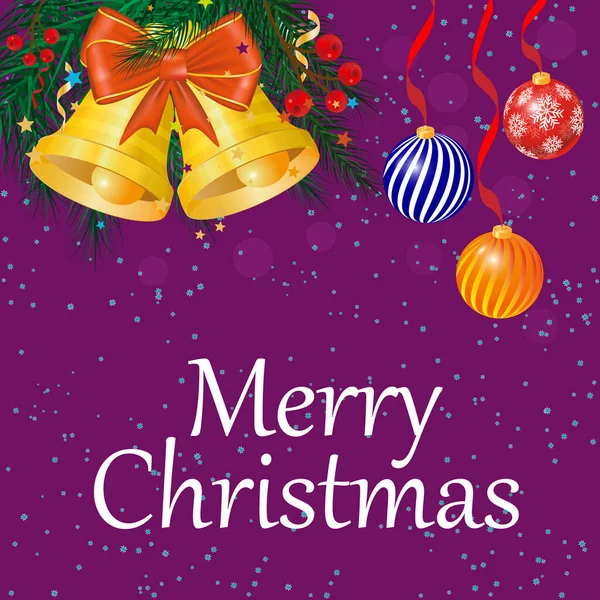 Feliz Navidad de fondo, postal con. Árboles de Navidad, pelotas, campanas. Vector — Archivo Imágenes Vectoriales