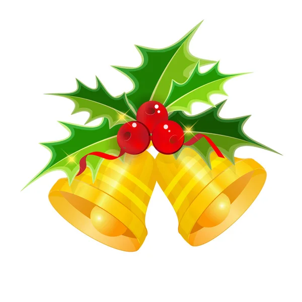 Vetor Golden Christmas Sinos Com Holly Isolado Fundo Branco —  Vetores de Stock