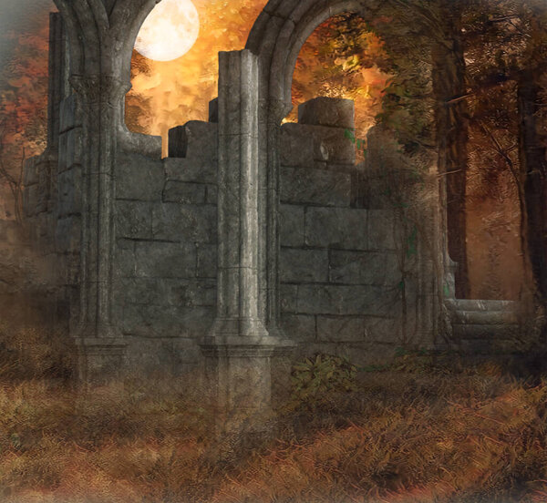 Руины в лесу в сумерках с луной в небе