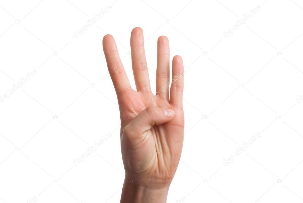 Isolated hand shows the number four.