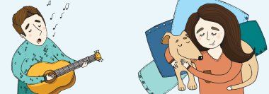 Bir köpek ile bir şarkı kız çocuk şarkı söylüyor