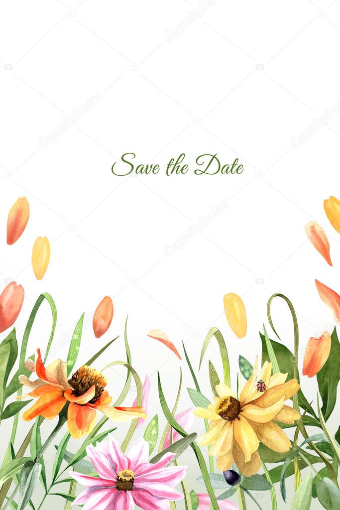 Save the date card with watercolor floral border. Calendula flowers, leaves, grass