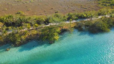 Göl kenarındaki tropikal yolda turkuaz suyla giden arabanın hava görüntüsü..