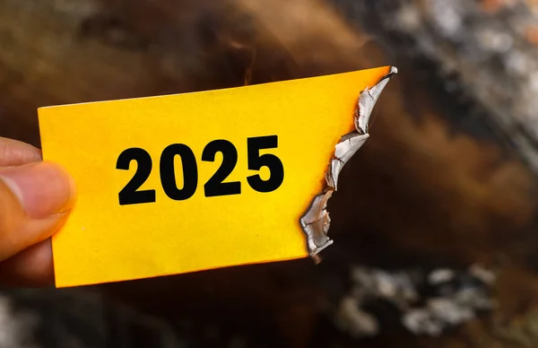 Üzerinde 2025 yazılı, yarım yamalak bir banknot tutuyor. Elveda 2025 kavramı ve yeni yıl kavramı 2026. 2025 kağıt yanıyor, 2025 'e elveda diyor ve 2026' nın vaadini memnuniyetle karşılıyor.