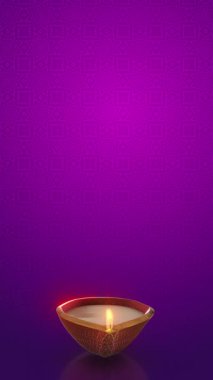 Diwali kutlaması, diya ve havai fişekler mor arka planda.