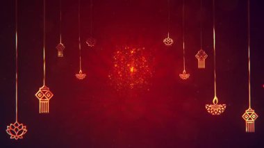 Kırmızı Arkaplanda Altın Fenerler Asılı.