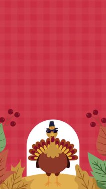 Şükran Günü için neşeli bir dikey animasyon. Hacı şapkalı şirin bir hindinin yer aldığı. Arka plan sonbahar yapraklarıyla kırmızıdır, bayram kutlamaları ve sosyal medya hikayeleri için mükemmeldir..