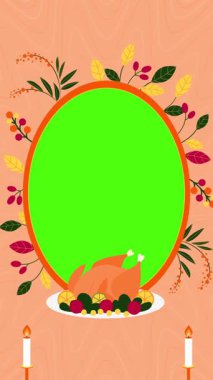 Şükran Günü yemeği kutlaması. Şenlikli dekorasyonlar ve yeşil ekran..