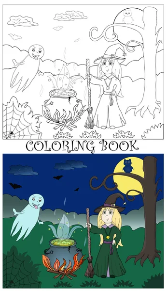 Libro para colorear - bruja con caldera y trayendo el contorno y la ilustración de color — Vector de stock