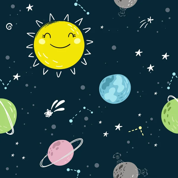 Patrón Infantil Sin Costuras Con Linda Luna Dibujos Animados Estrellas — Vector de stock