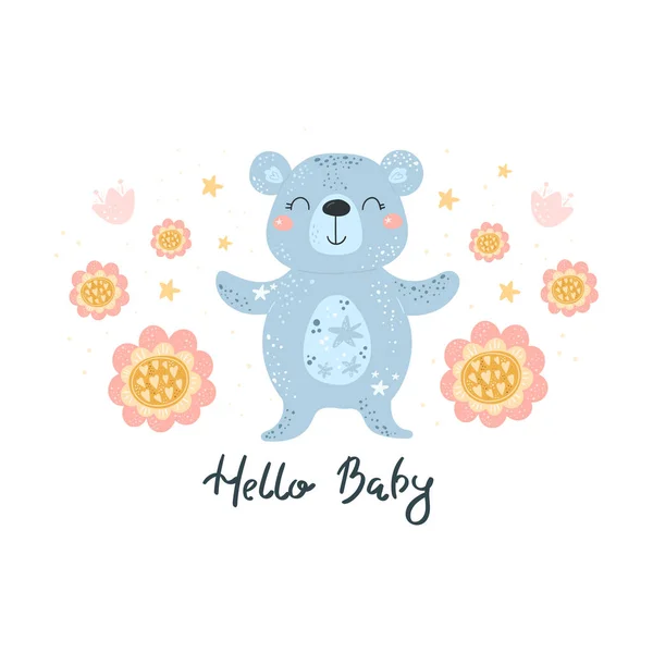 Tarjeta de felicitación lindo oso de dibujos animados con flor sobre un fondo blanco. Hola, Baby Card. Impresión vectorial. — Vector de stock