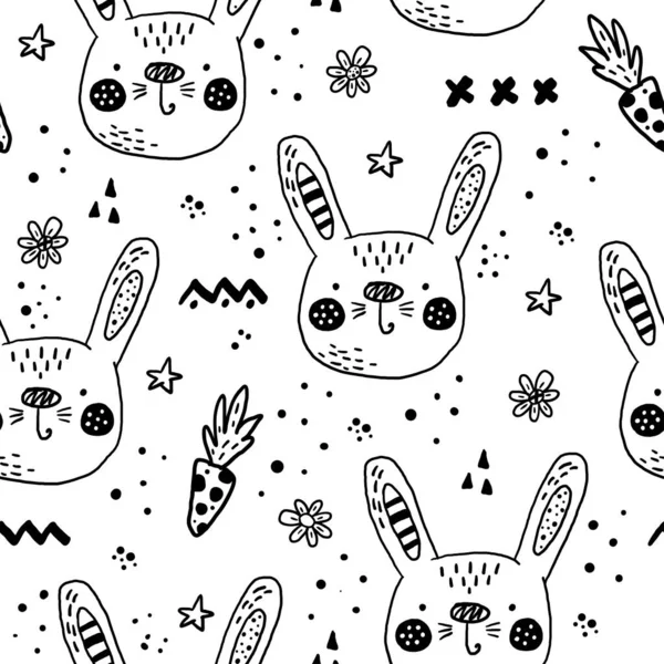 Patrón sin costuras con personajes de dibujos animados conejo escandinavo. Patrón sin costura dibujado a mano con triángulos sobre fondo blanco. Para envolver, diseño de superficies, papel pintado, tarjetas de felicitación — Vector de stock