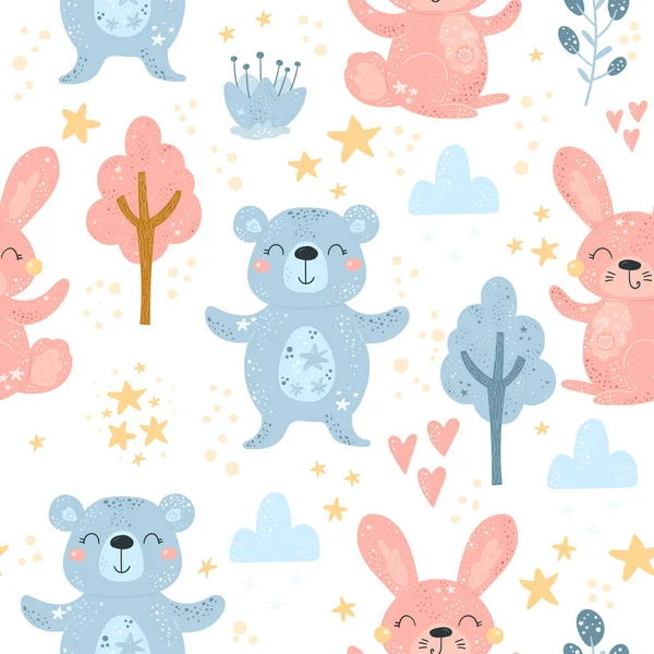 Sömlöst mönster med seriefigurer björn, kanin och blomma. Vektortryck. — Stock vektor