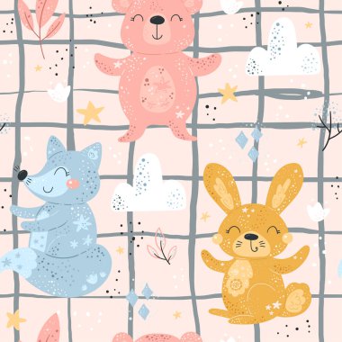 Çizgi film karakterleri, tilki, tavşan, ayı ve çiçekli kusursuz bir desen. Vektör baskısı