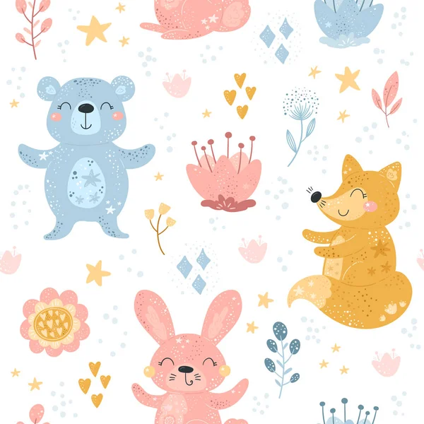 Sömlöst mönster med seriefigurer räv, kanin, björn och blomma på en färg bakgrund. Vektortryck. — Stock vektor