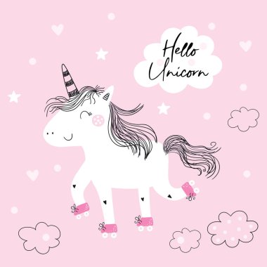 Pembe arka planda şirin tek boynuzlu at çizgi filmi.