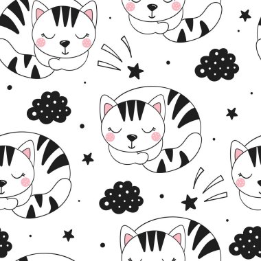 Küçük sevimli kediyle kusursuz bir desen. Vektör çizimi. Kedi yavrusu ile vektör baskısı
