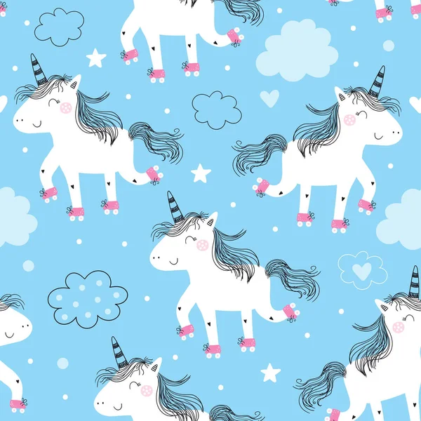 Cute unicorn print for kids. Vector print. Hand drawn seamless pattern with cute little unicorn cartoon style. — Stock Vector