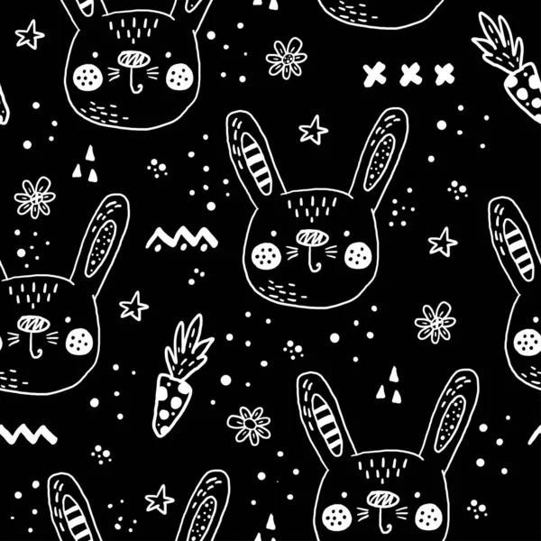 Patrón sin costuras con personajes de dibujos animados conejo escandinavo. Patrón sin costura dibujado a mano con triángulos sobre fondo negro. Para envolver, diseño de superficies, papel pintado, tarjetas de felicitación — Vector de stock