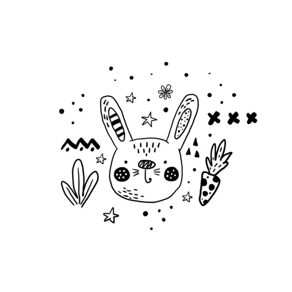 Divertido lindo conejo escandinavo estilo de dibujos animados. Impresión vectorial con conejo. Plantillas imprimibles. Para envolver, diseño de superficies, papel pintado, tarjetas de felicitación — Vector de stock