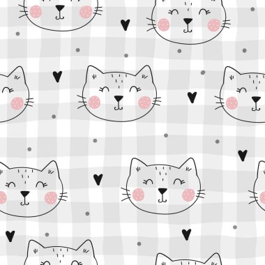Küçük sevimli kediyle kusursuz bir desen. Vektör çizimi. Kedi yavrusu ile vektör baskısı