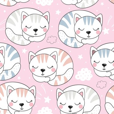 Küçük sevimli kediyle kusursuz bir desen. Vektör çizimi. Kedi yavrusu ile vektör baskısı