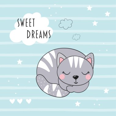 Çocuklar için şirin bir kedi izi. En iyi arkadaş kartı. Çizgi film düz vektör çizimi. Güzel bir çizgi film tasarımı şablonu. Vektör baskısı