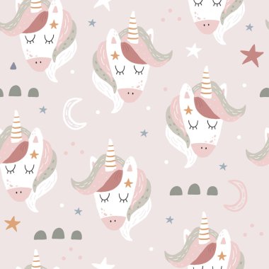 Peri boynuzlu atların kafaları pürüzsüz. Çocuk kıyafetleri, kumaş, tekstil, çocuk odası dekorasyonu, ambalaj kağıdı için mükemmel. Vektör İllüzyonu. Yaratıcı çocuksu arkaplan.