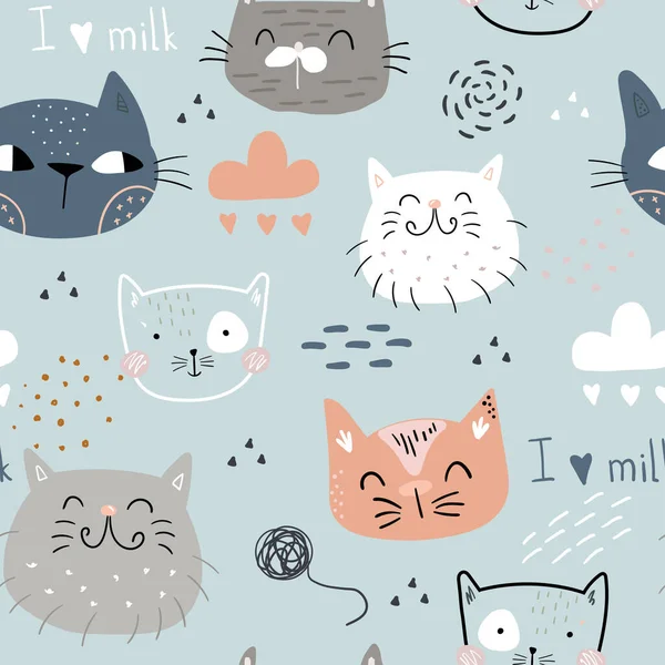 Şirin kedilerle kusursuz çocuksu bir düzen. Yaratıcı çocuklar kumaş, ambalaj, tekstil, duvar kağıdı ve giysi için el yapımı kumaş. Vektör illüstrasyonu.
