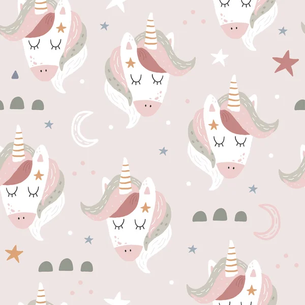 Patrón sin costuras con lindas cabezas de unicornios de hadas. Perfecto para ropa de niños, tela, textiles, decoración de viveros, papel de envoltura. Fondo infantil creativo. — Vector de stock