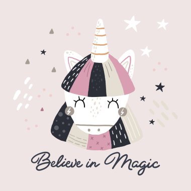 Tek boynuzlu at ile şirin çocuksu bir iz. Çocuk kıyafetleri, poster, bebek partisi kartı için mükemmel. Vektör illüstrasyonu.