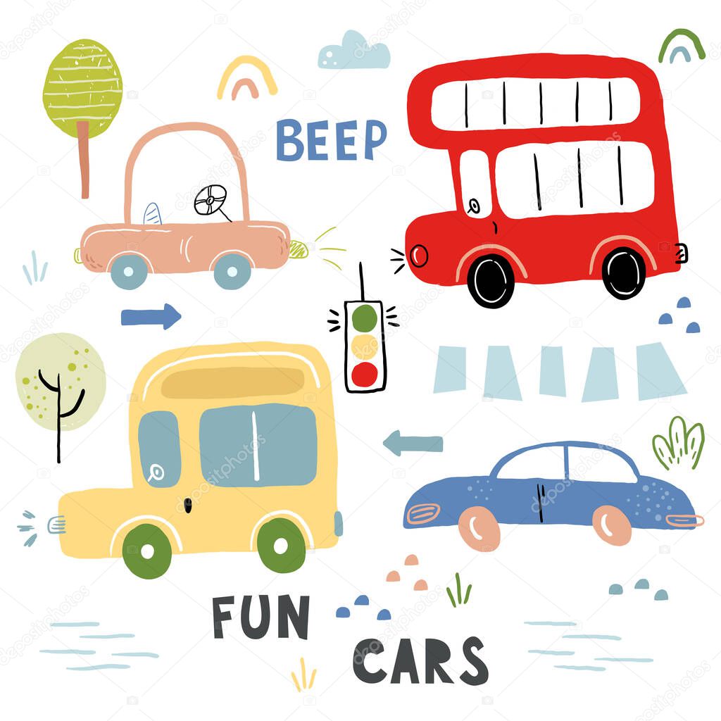 Cute childish print with hand drawn cute car. Cartoon cars, road sign,zebra crossing vector illustration.Perfect for kids fabric,textile,nursery wallpaper.