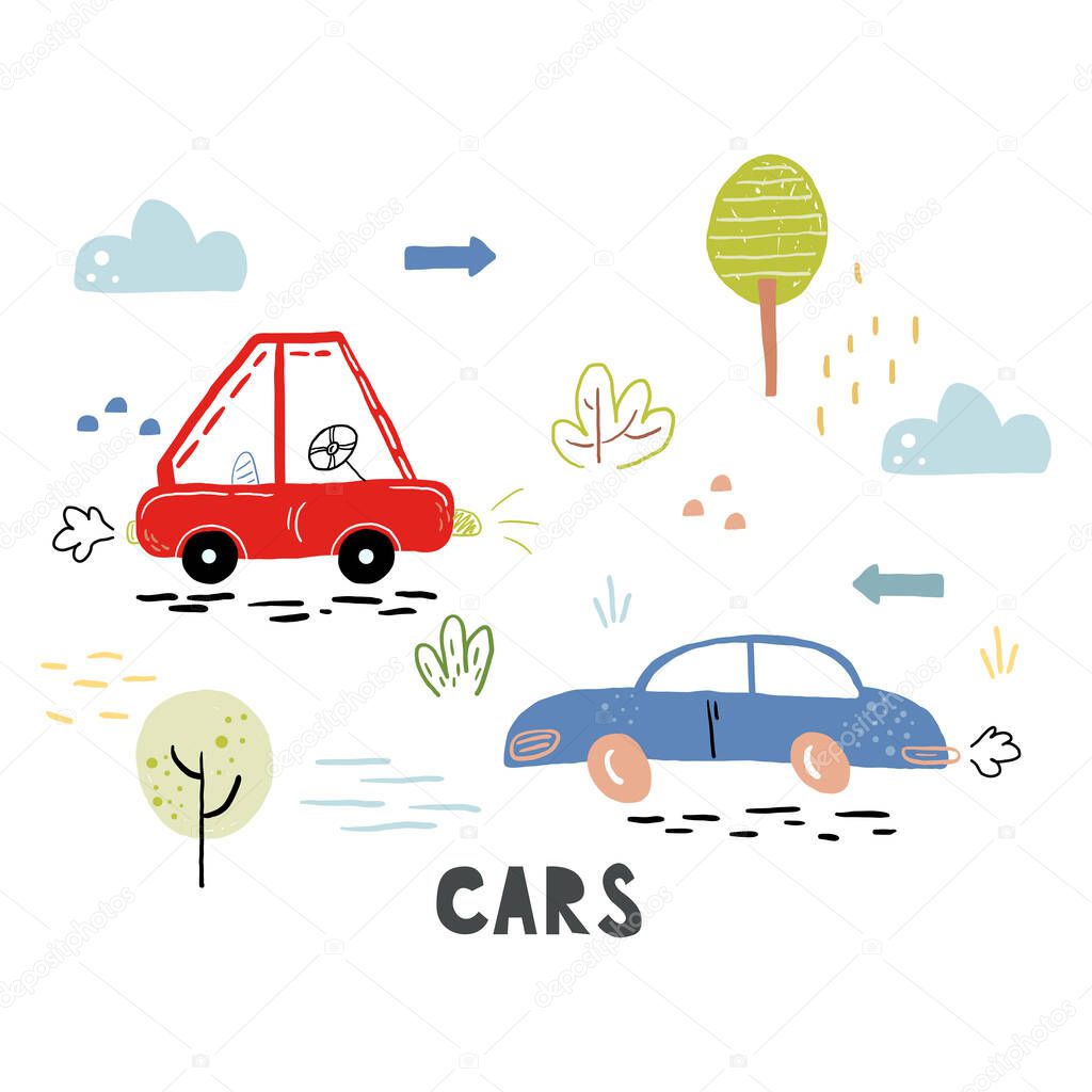 Cute childish print with hand drawn cute car. Cartoon cars, road sign, zebra crossing vector illustration. Perfect for kids fabric,textile,nursery wallpaper.