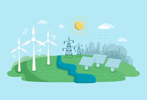Conceito alternativo de energia limpa com turbinas eólicas e painéis solares. Fontes de energia renováveis com ilustrações Windmills.Fflat — Fotografia de Stock