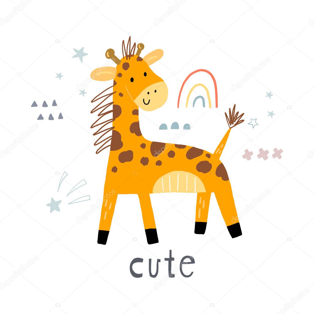 Funny cute scandinavian giraffe cartoon style. Vector print with giraffe. Printable templates. vector print. Perfect for kids apparel, poster, baby shower card. Vector illustration.
