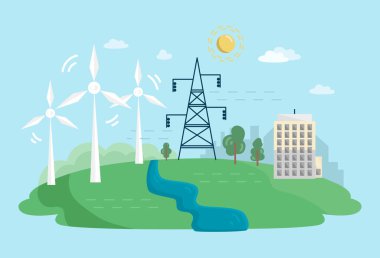 Yel değirmenleriyle yenilenebilir güç kaynakları. Rüzgar Türbinleriyle Alternatif Temiz Enerji Konsepti. Düz Çizim