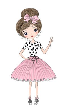 El çizimi şirin bir çizgi film kızı. Küçük prenses.