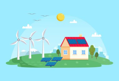 Yeşil enerji - rüzgar santrali, güneş panelleri, küçük ev manzarası. Ekoloji, yeşil güç, rüzgar enerjisi kavramları. Düz biçimli ekoloji illüstrasyonu