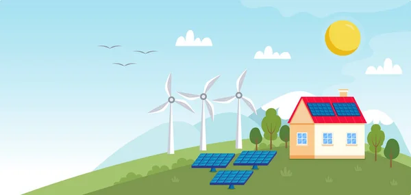 绿色能源 风能的概念图解 绿色能源 景观与风力发电站 太阳能电池板 小房子 平面式生态图解 — 图库矢量图片