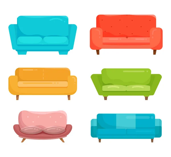 Sofa Icon Set Illustration. Cartoon flat design of furniture couch seats, modern cozy armchair in different color, furnished living room interior for home apartment or office isolated on white — Stock Photo, Image