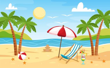 Güverte sandalyesi ve kumsal şemsiyesi kumsalda. Plaj manzarası. Deniz arka planı. Renkli yaz tasarımı. Kartpostallar ve afişler için boş. Çizim düz biçimli